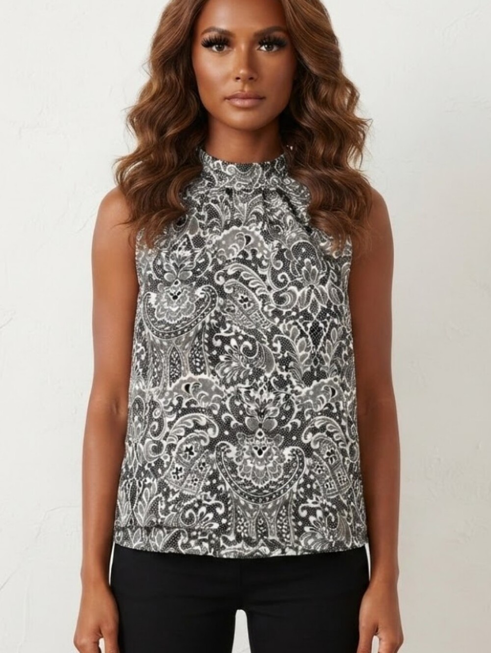 100% Cotton Talbots Lace Paisley Top Blouse Size 10 Cowl Neck Button Down Back